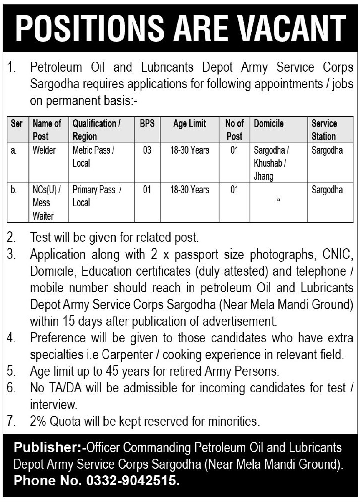 Petroleum Oil & Lubricants Depot Army Service Corps Jobs – Pakistan Army Jobs 2025 — original advertisement