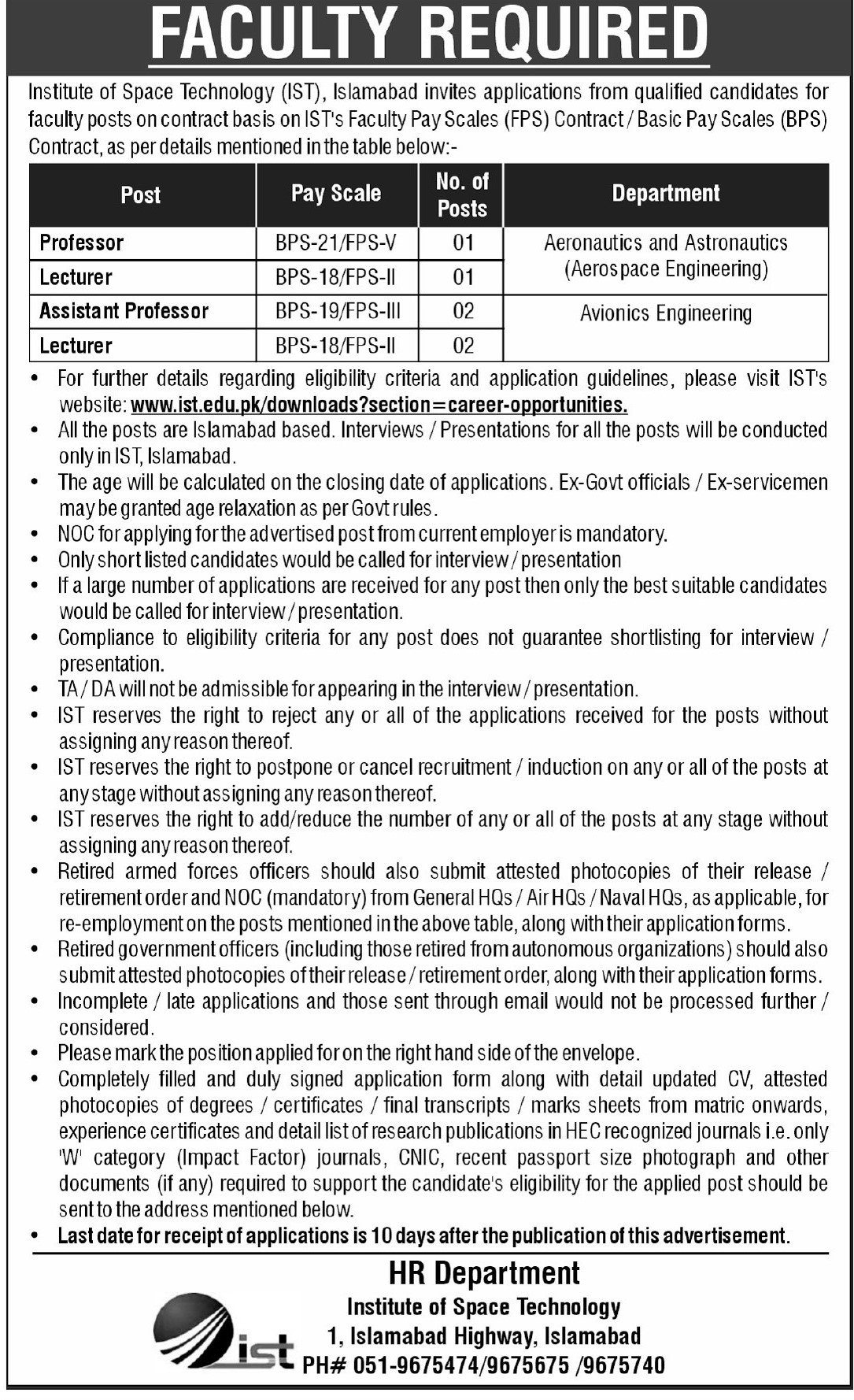 IST Institute Of Space Technology Islamabad Jobs 2025 – Institute of Space Technology ITS Islamabad Jobs 2025 — original advertisement