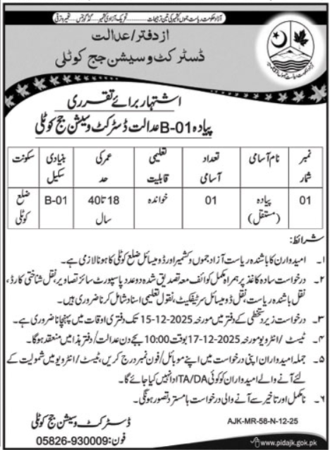 District & Session Judge Kotli Azad Jammu Kashmir Jobs 2025 Jobs 2025 — original advertisement
