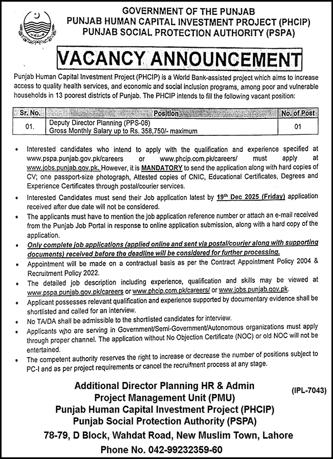 Punjab Human Capital Investment Project Punjab Jobs 2025 – Punjab Social Protection Authority Jobs 2025 — original advertisement