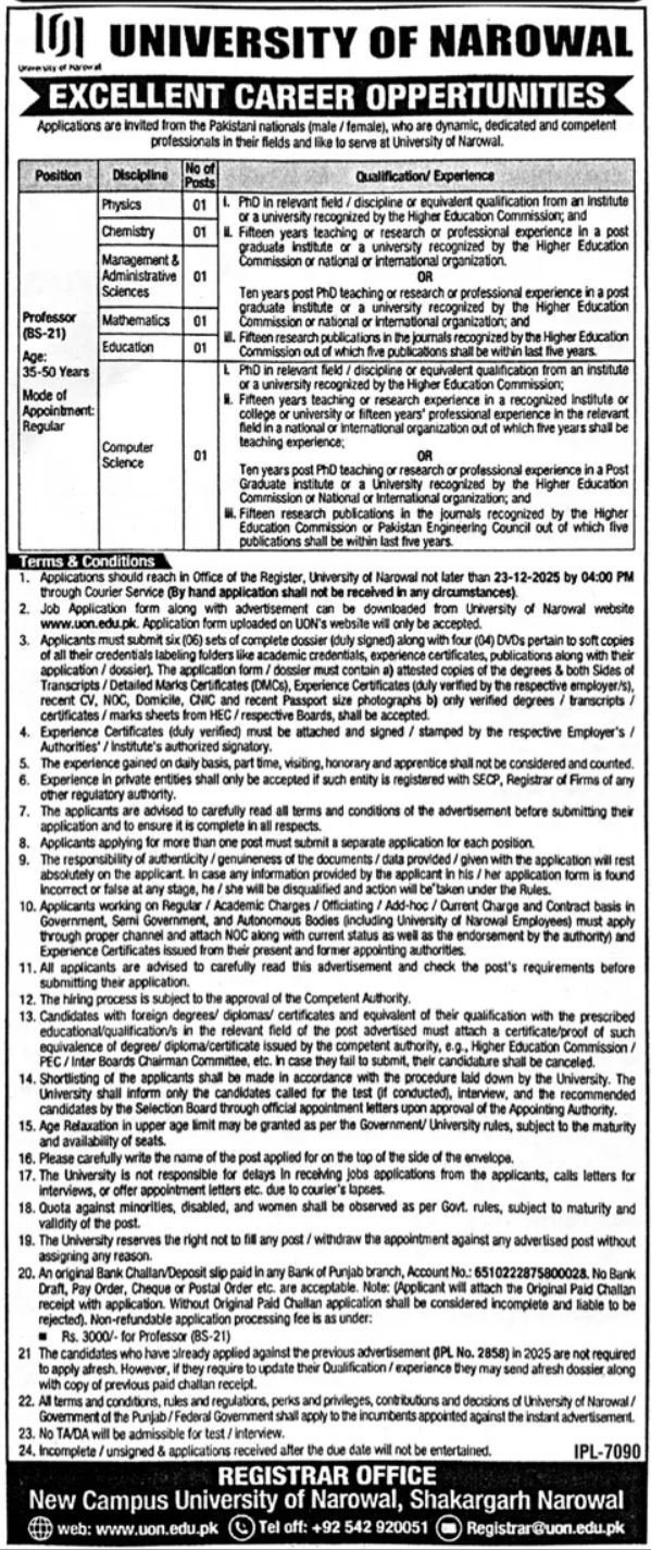University Of Narowal Punjab Jobs 2025 Jobs 2025 — original advertisement