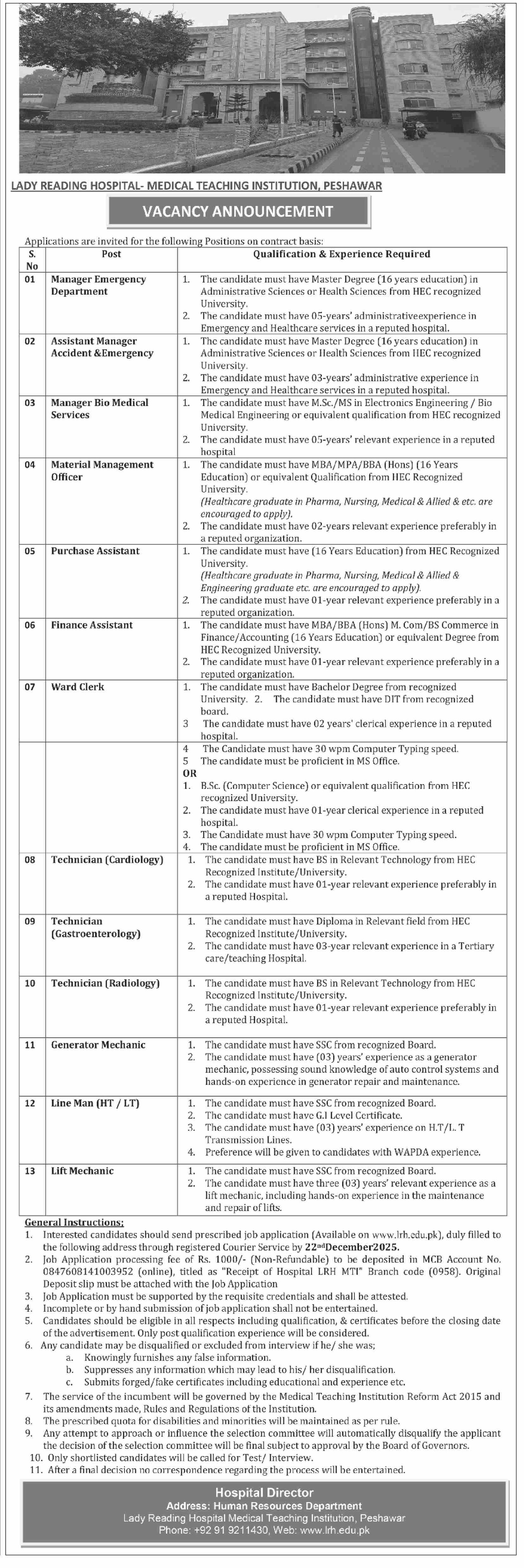 Lady Reading Hospital Peshawar Jobs 2025 Jobs 2025 — original advertisement