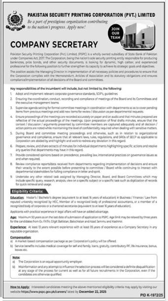 Pakistan Security Printing Corporation Pvt Ltd Islamabad Job – Private Company Jobs 2025 — original advertisement
