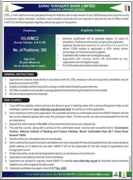 Zarai Taraqiati Bank Limited ZTBL Islamabad Jobs 2025 Jobs 2025 — original advertisement
