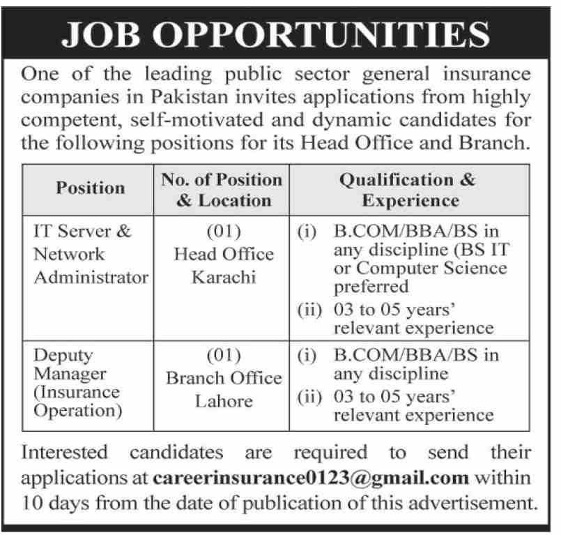Public Sector Insurance Company Karachi Jobs 2025 – Private Company Jobs 2025 — original advertisement