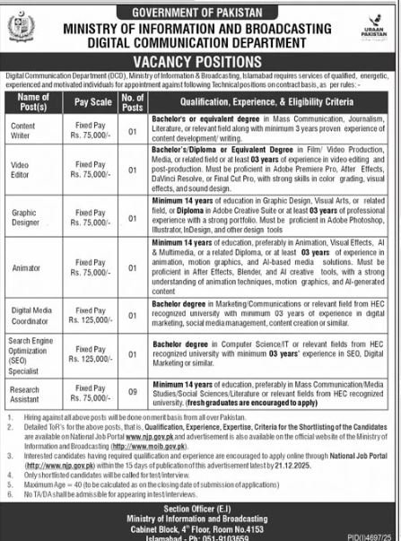 Ministry Of Information And Broadcasting Islamabad Jobs 2025 – Ministry of Information & Broadcasting Pakistan Jobs 2025 — original advertisement