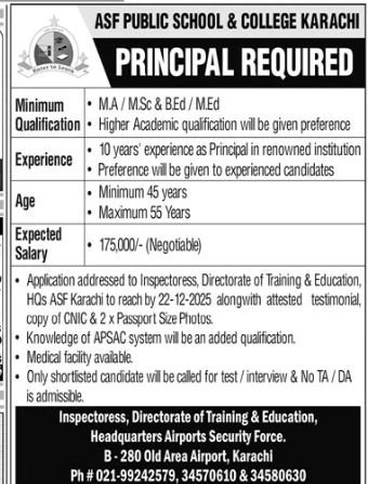 Asf Public School And College Karachi Jobs 2025 – Airport Security Force Jobs 2025 — original advertisement