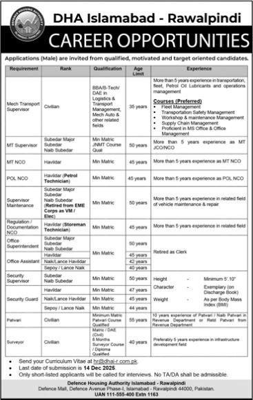 Dha Islamabad Rawalpindi Jobs 2025 – Defence Housing Authority Jobs 2025 — original advertisement