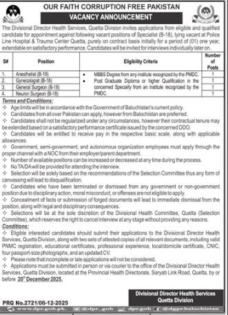 Divisional Director Healh Services Quetta Jobs 2025 – Health Department Balochsitan Jobs 2025 — original advertisement