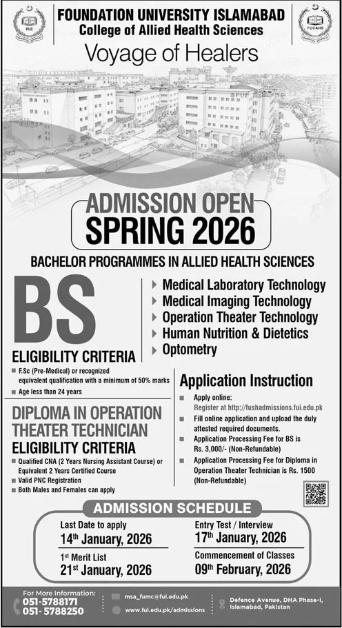 Admission Open in Foundation University Islamabad 2026 Admissions 2025 — original advertisement