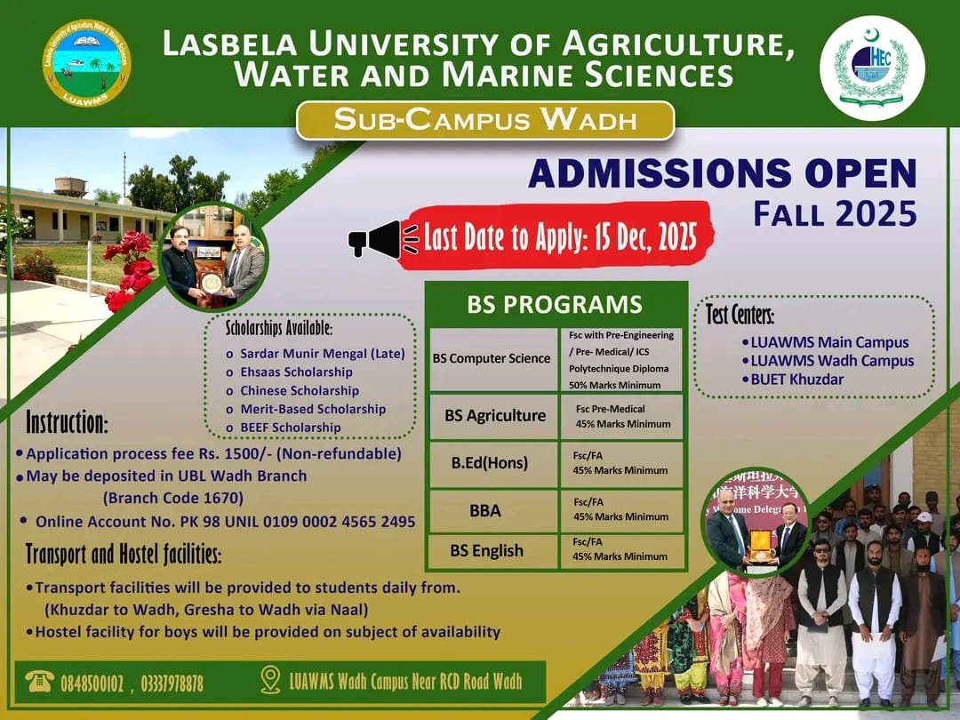 Admission Open In Lasbela Univeristy of Agriculture water – Lasbela University of Agriculture, Water & Marine Sciences (LUAWMS) Uthal Admissions 2025 — original advertisement