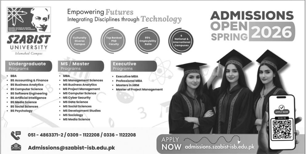 Admission Open in Shaheed Zulfiqar Ali Bhutto Institute – Shaheed Zulfiqar Ali Bhutto Institute of Technology Admissions 2025 — original advertisement