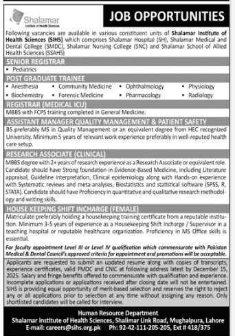 Shalamar Institute of Health Sciences lahore Jobs 2025 Jobs 2025 — original advertisement