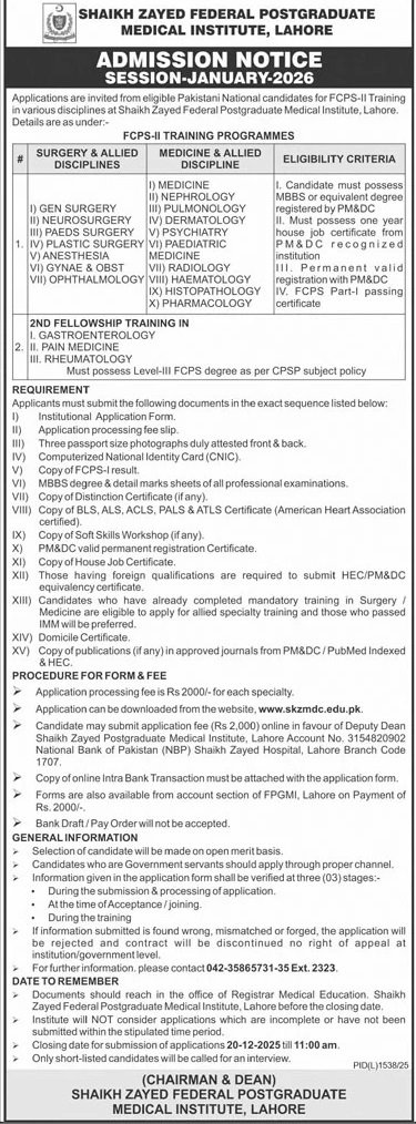 Admission Open in Shaikh Zayed Federal Postgruate Medical – Shaikh Zayed Medical Complex Lahore Admissions 2025 — original advertisement