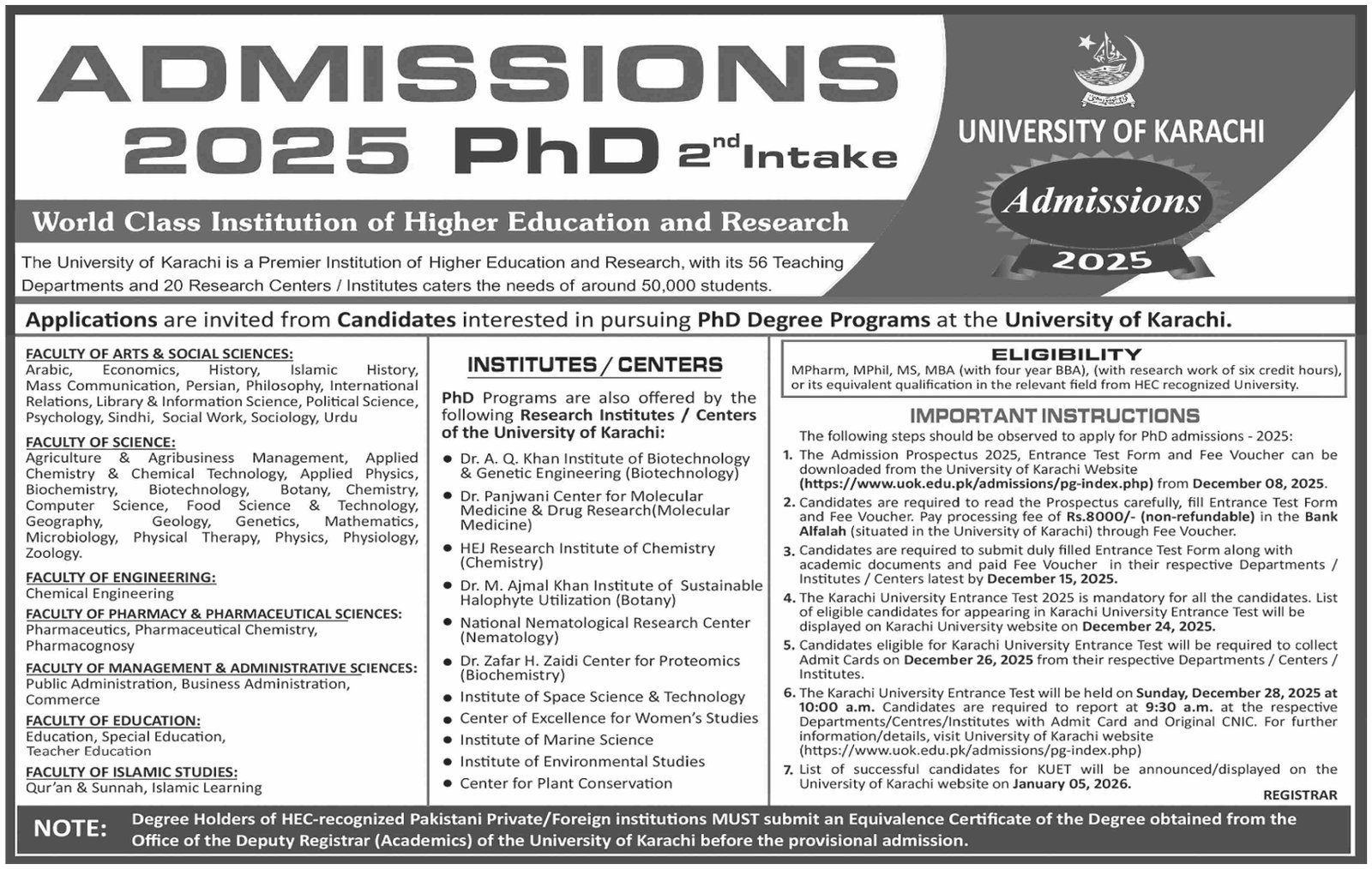 Admission Open in University of Karachi Sindh 2025 Admissions 2025 — original advertisement