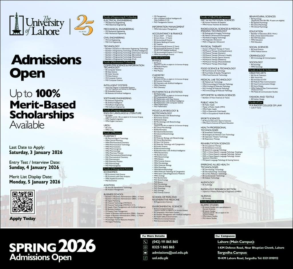 Admission Open in University of Lahore Punjab 2025 Admissions 2025 — original advertisement
