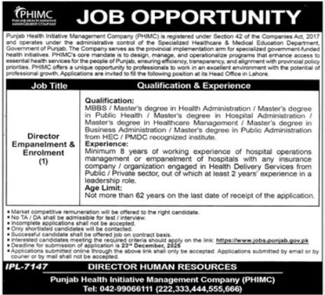 Punjab Health Initiative Management Company PHIMC Job 2025 – Punjab Health Facilities Management Company PHFMC Jobs 2025 — original advertisement