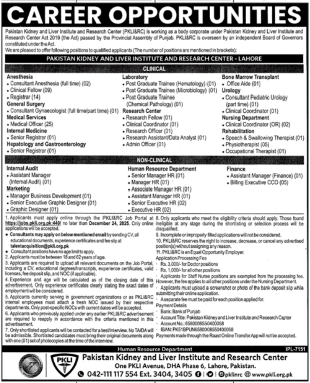 Pakistan Kidney And Liver Institute And Research Centre Jobs – Pakistan Kidney And Liver Institute (PKLI) And Research Centre Lahore Jobs 2025 — original advertisement