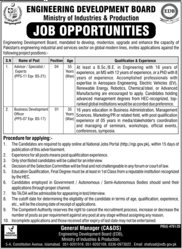 Engineering Development Board Islamabad Jobs 2025 Jobs 2025 — original advertisement