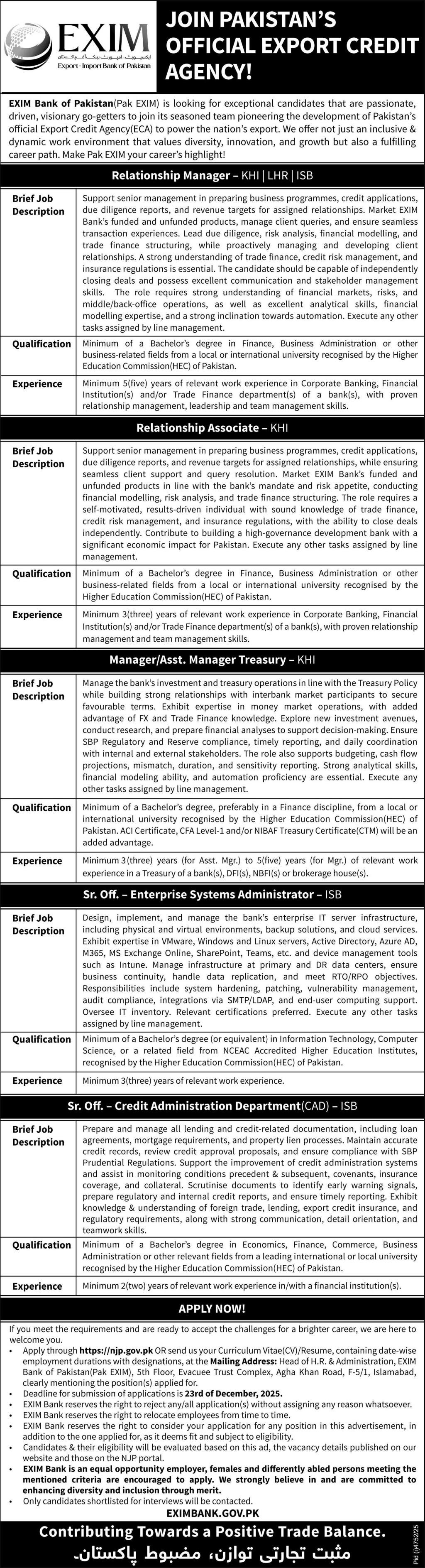 Exim Import Bank Of Pakistan Jobs 2025 Relationship Manager – EXIM Bank of Pakistan Jobs 2025 — original advertisement
