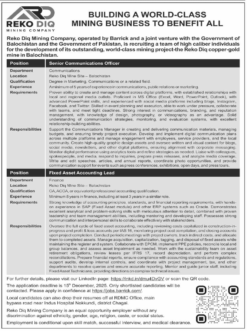 Reko Diq Mining Company Balochistan Jobs 2025 – Barrick Pakistan Jobs 2025 — original advertisement