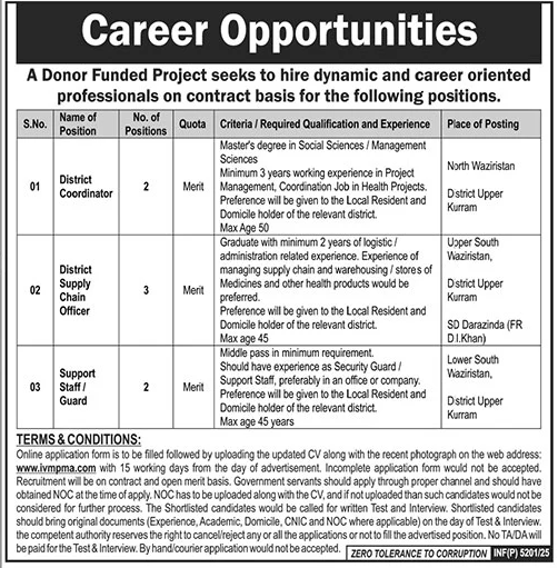 Donor Funded Project Waziristan Jobs 2025 – Public Sector Organization Jobs 2025 — original advertisement