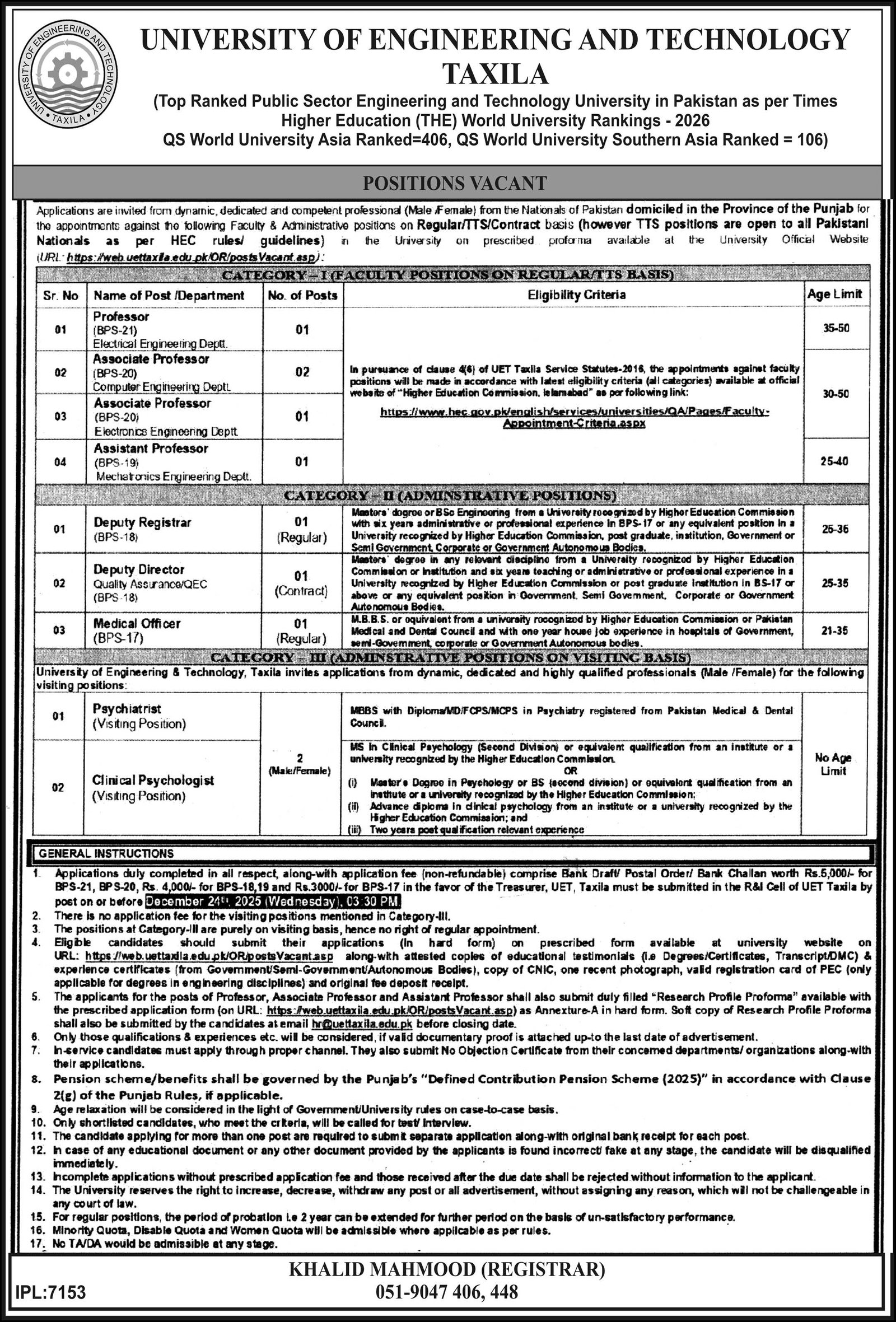 University Of Engineering & Technology UET Taxila Job – University of Engineering and Technology Taxila Jobs 2025 — original advertisement