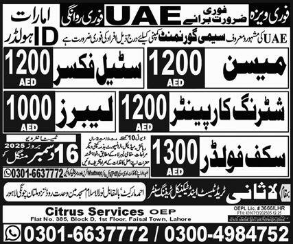 Mason and Labours Jobs in United Arab Emirates 2025 – Lasani Trade Test & Technical Training Center Jobs 2025 — original advertisement