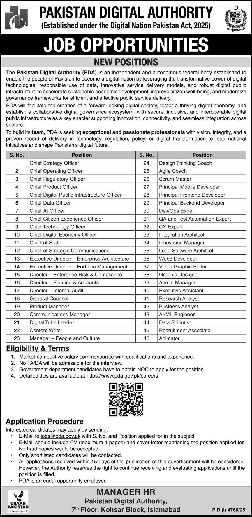 PDA Pakistan Digital Authority Islamabad Jobs 2025 – Federal Government Organization Jobs 2025 — original advertisement