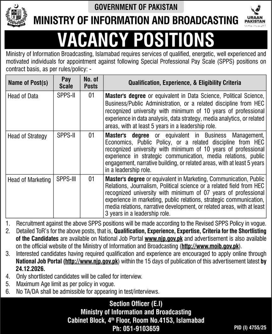 Ministry Of Information & Broadcasting Islamabad Jobs 2025 – Ministry of Information & Broadcasting Pakistan Jobs 2025 — original advertisement