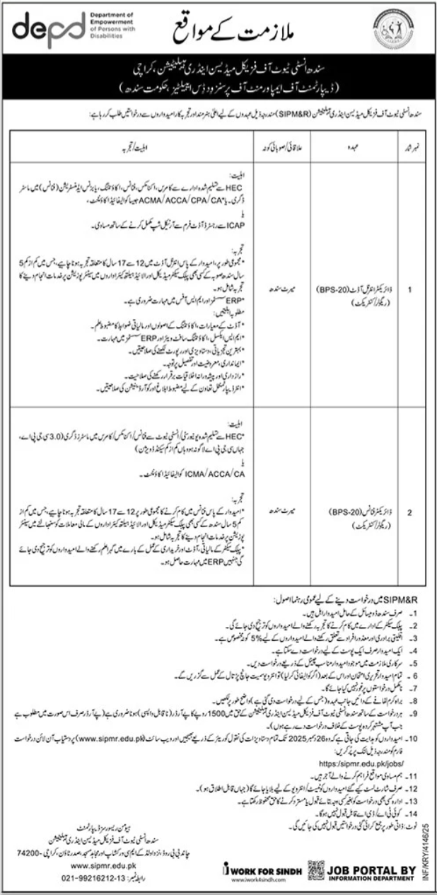 Department Of Empowerment Of Persons With Disabilities Jobs – Sindh Institute of Physical Medicine and Rehabilitation Jobs 2025 — original advertisement