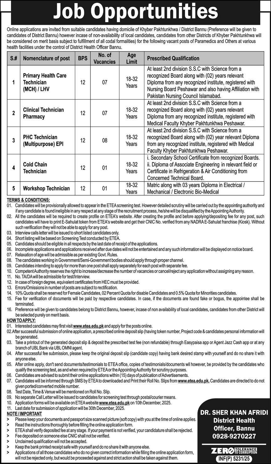 District Health Officer DHO Bannu Jobs 2025 – Health Department KPK Jobs 2025 — original advertisement