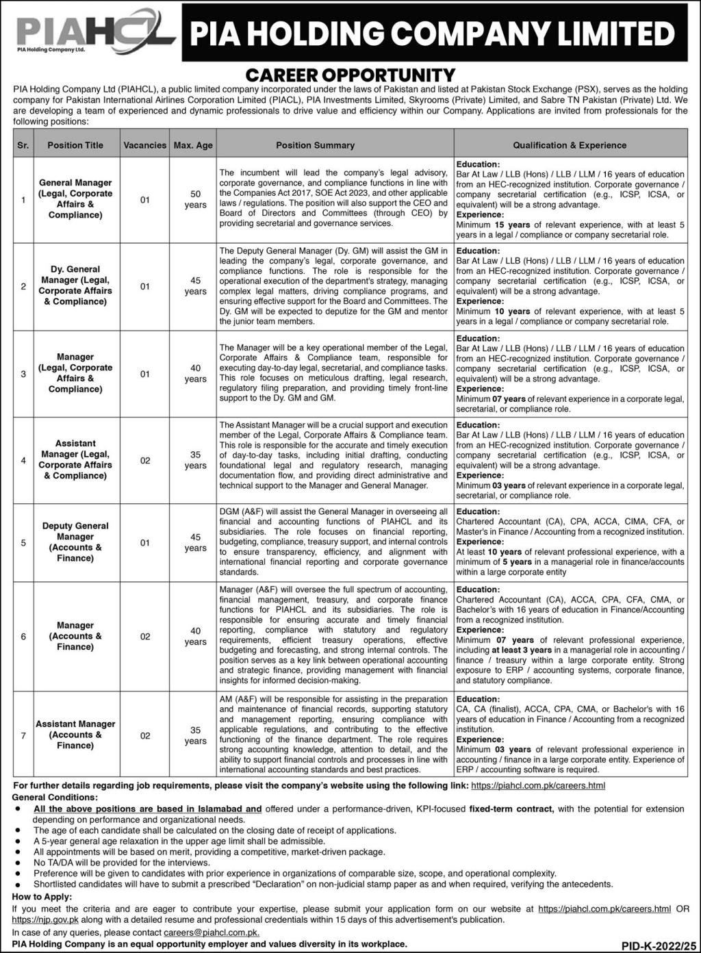 PIA Holding Company Limited PIACL Jobs 2025 – Pakistan International Airlines PIA Jobs 2025 — original advertisement