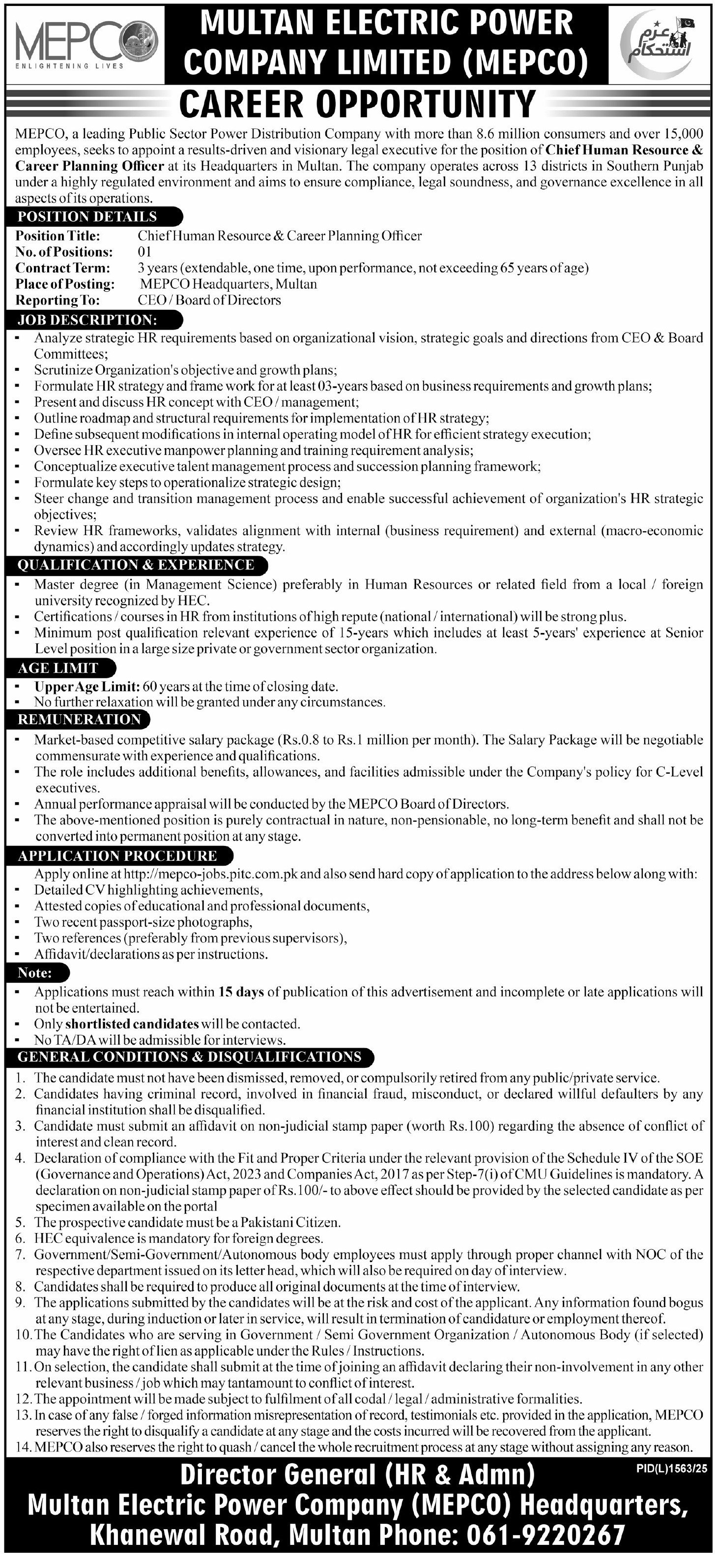Multan Electric Power Company MEPCO Jobs 2025 – Multan Electric Power Company Limited Jobs 2025 — original advertisement