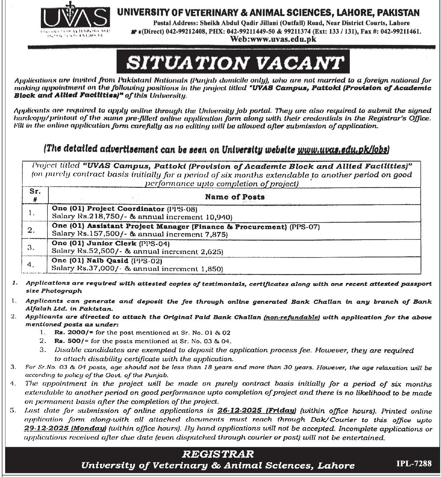 University Of Veterinary & Animal Sciences UVAS Jobs 2025 – University of Veterinary and Animal Sciences Lahore Jobs 2025 — original advertisement