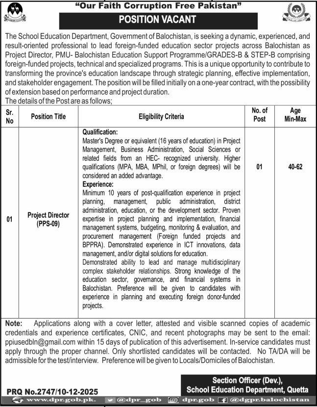 School Education Department Quetta Job 2025 – Education Department Balochsitan Jobs 2025 — original advertisement