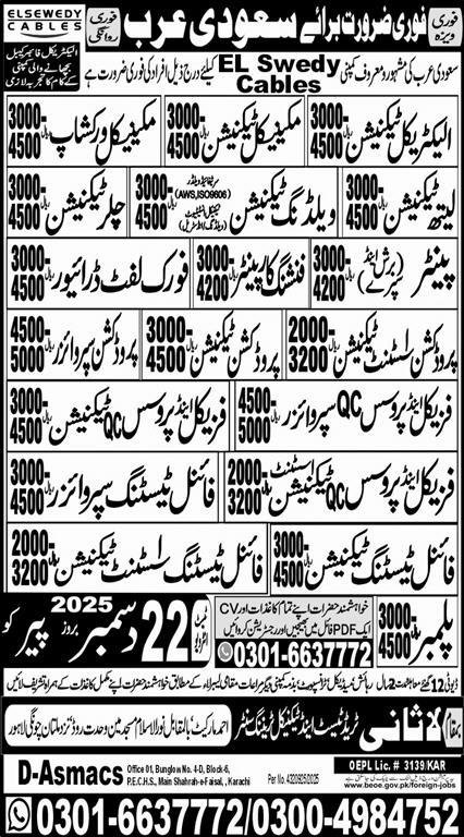 Final Testing Supervizor And Plumber Jobs in Saudia Arabia – Lasani Trade Test & Technical Training Center Jobs 2025 — original advertisement