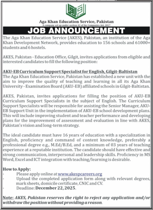 Aga Khan Education Service Pakistan Gilgit Job 2025 Jobs 2025 — original advertisement