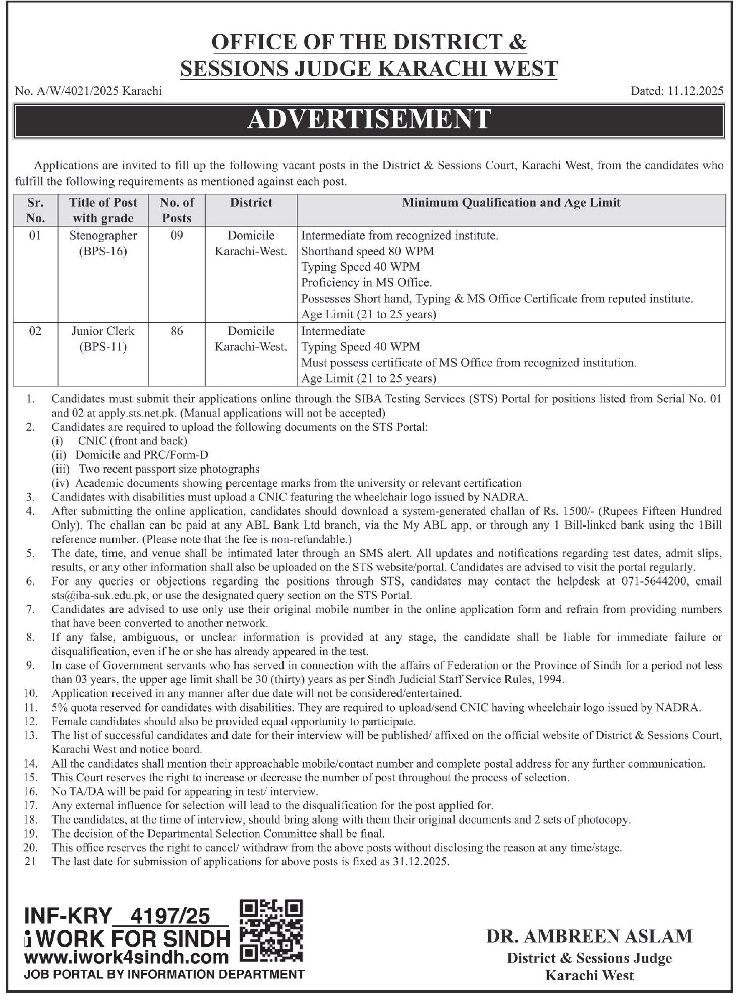 District & Session Court Karachi West Jobs 2025 – District & Session Judge Jobs 2025 — original advertisement