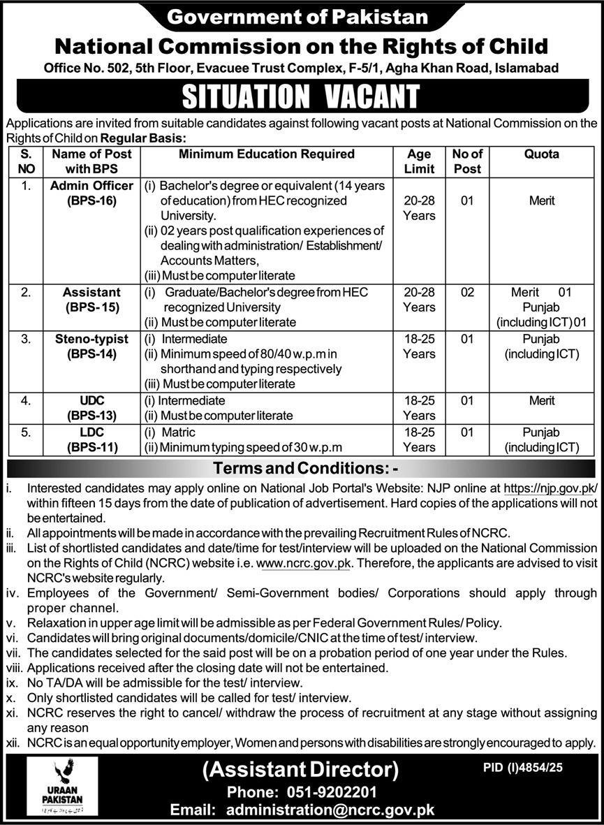 National Commission On The Rights Of Child NCRC Jobs 2025 – National Commission on the Status of Women Jobs 2025 — original advertisement
