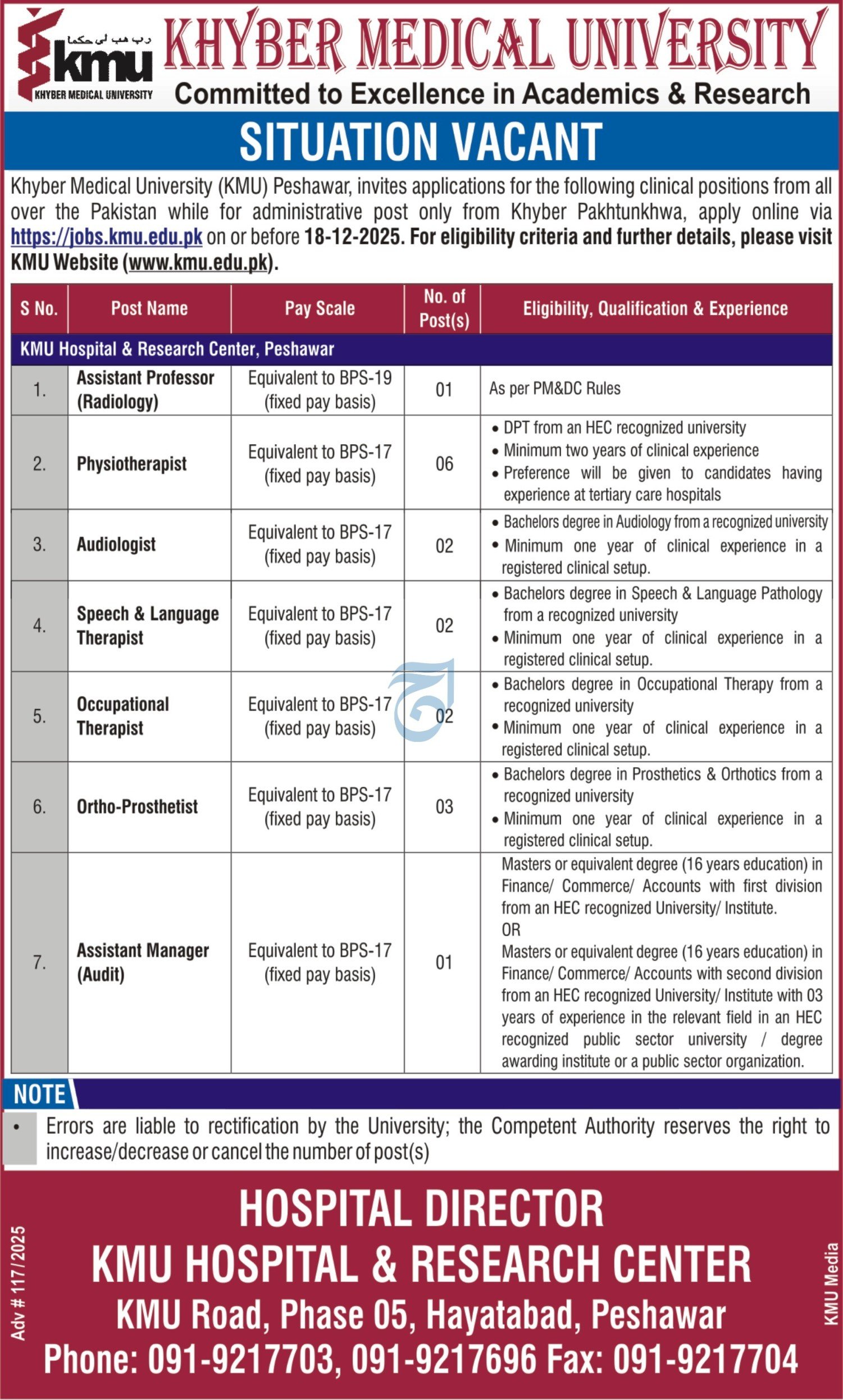 Khyber Medical University Peshawar Jobs 2025 Jobs 2025 — original advertisement
