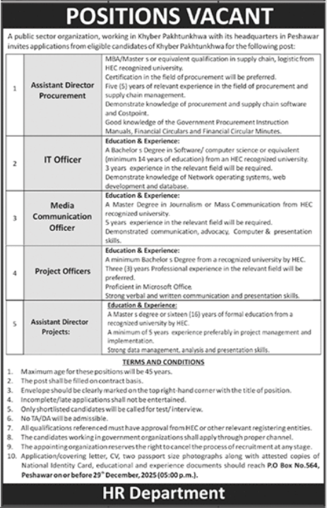 Public Sector Organization Peshawar Jobs 2025 Jobs 2025 — original advertisement