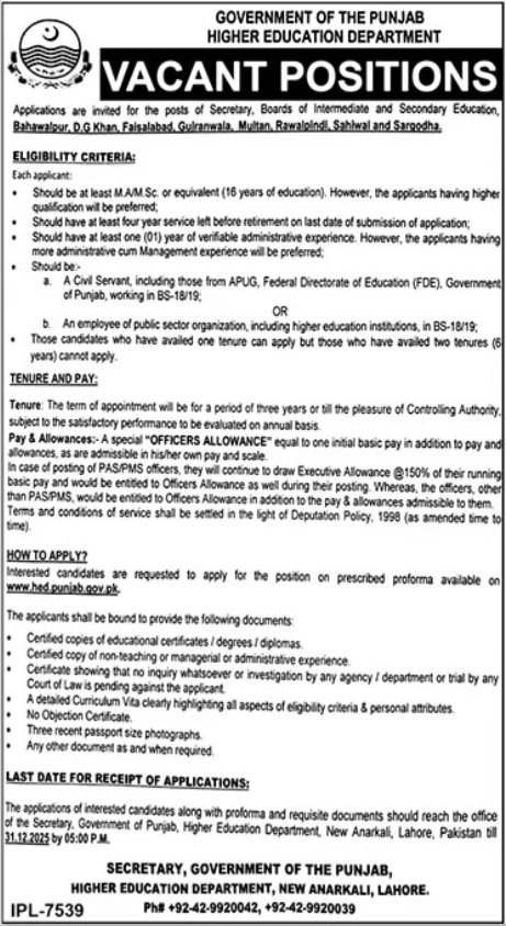 Higher Education Department Punjab Jobs 2025 Jobs 2025 — original advertisement