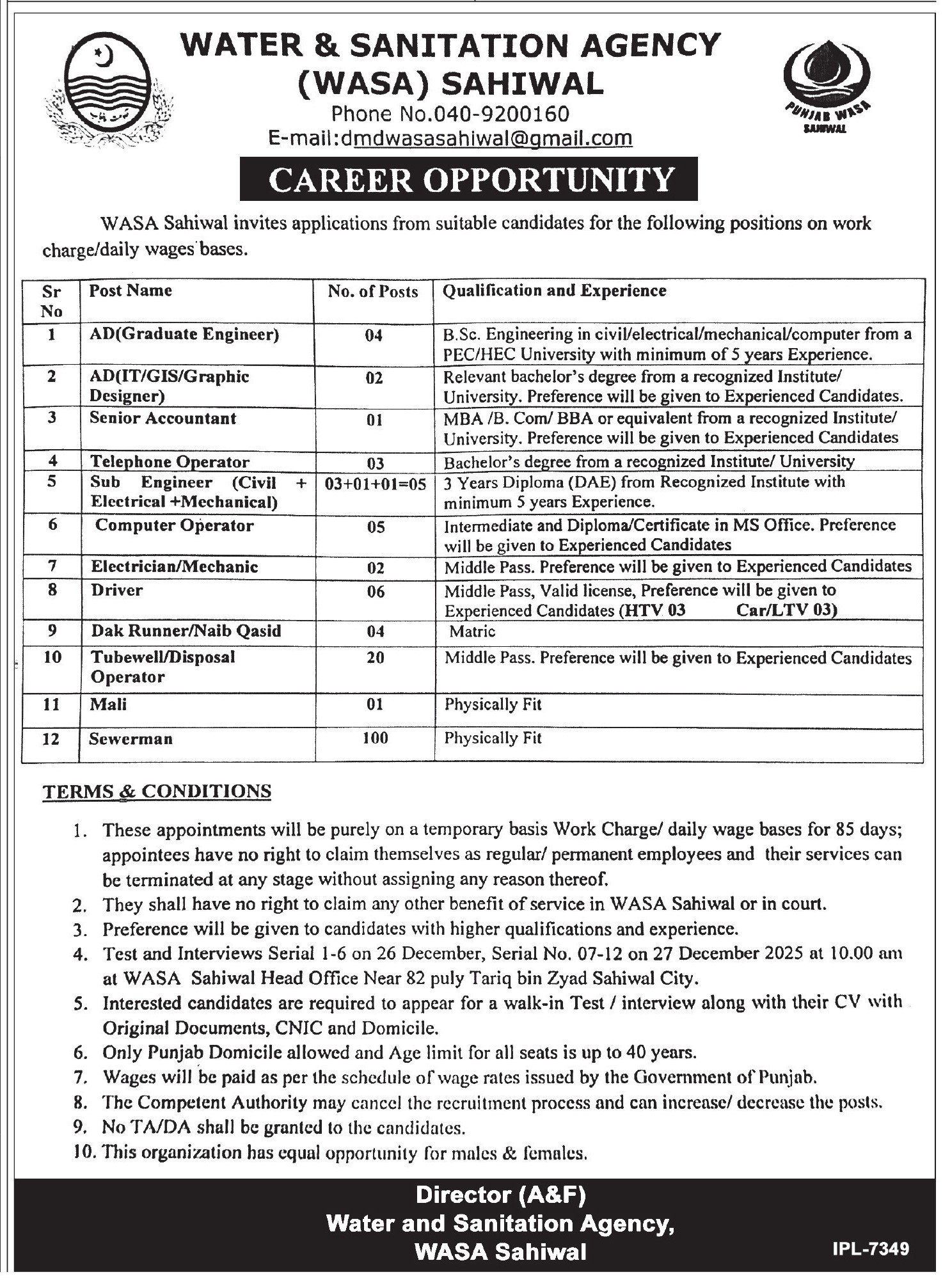 Water And Sanitation Agency WASA Punjab Jobs 2025 – Irrigation Department Punjab Jobs 2025 — original advertisement