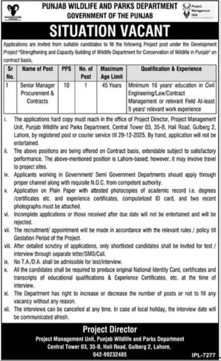 Punjab Wildlife & Parks Department Jobs 2025 – Forest Wildlife & Fishries Department Punjab Jobs 2025 — original advertisement
