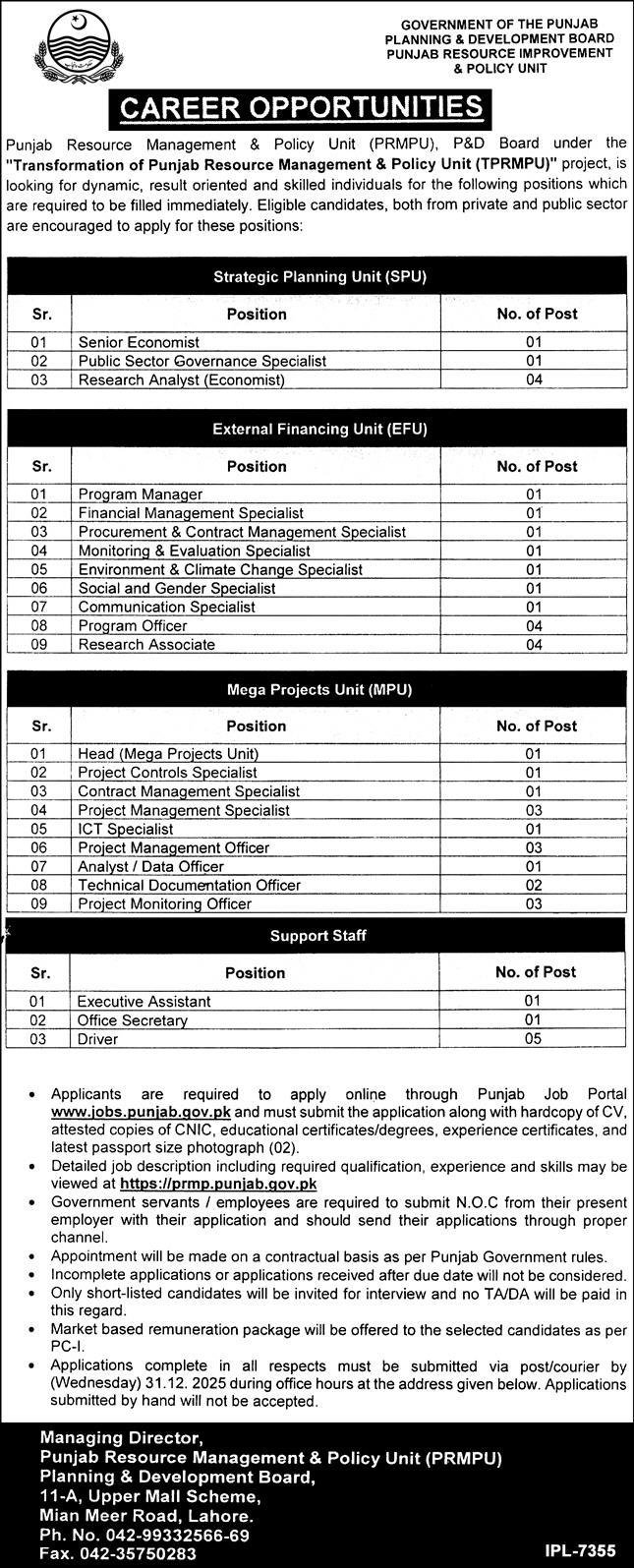 Planning & Development Board Lahore Jobs 2025 – Planning & Development Board Punjab Jobs 2025 — original advertisement