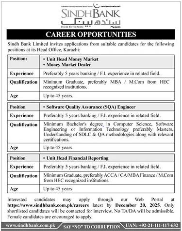 Sindh Bank Limited Karachi Jobs 2025 Jobs 2025 — original advertisement