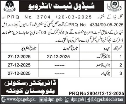 Test And Interviews For Jobs At Education Department Quetta – Education Department Balochsitan Jobs 2025 — original advertisement