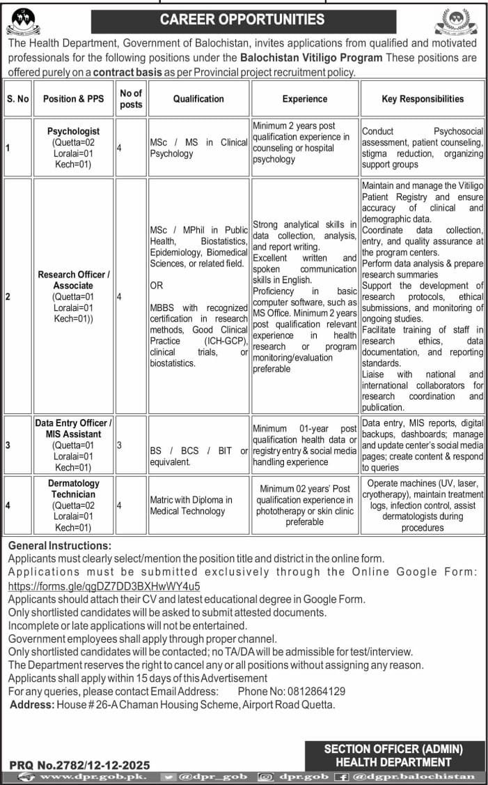 Health Department Quetta Balochistan Jobs 2025 – Health Department Balochsitan Jobs 2025 — original advertisement