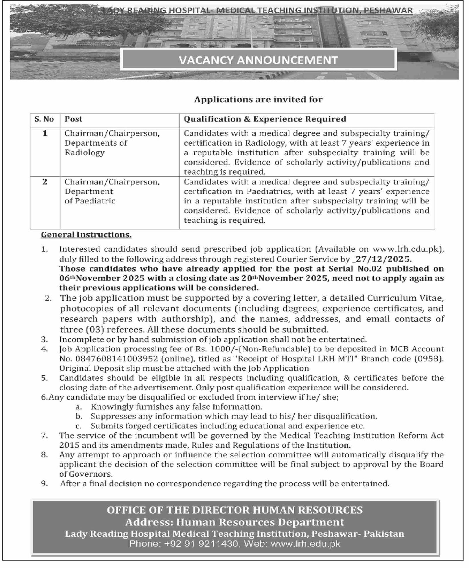 Lady Reading Hospital Peshawar Jobs 2025 Jobs 2025 — original advertisement